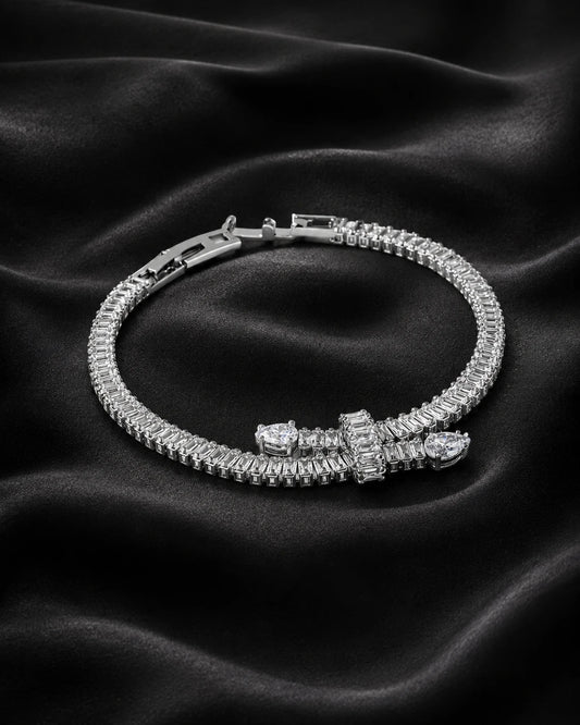 Swannah Crystal Bow Tennis Silver Heart Charm Bracelet for Women