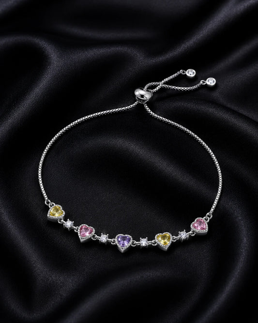 Swannah Pastel Heart Charm Adjustable Silver Crystal Bracelet for Women