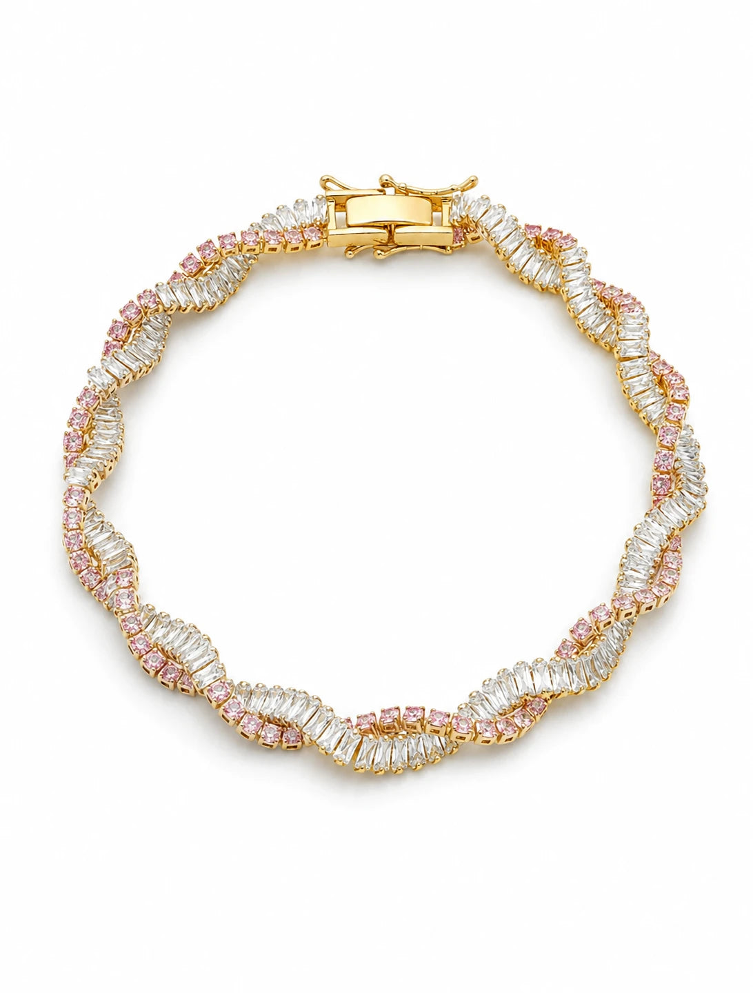 Swannah Pink Crystal Wave Tennis Gold Twisted Crystal Bracelet for Women