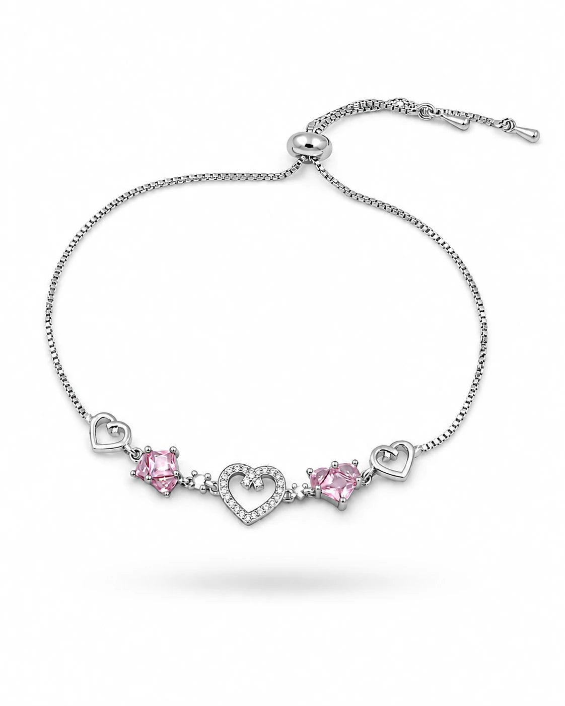 Swannah Pink Heart Charm Silver Crystal Adjustable Heart Bracelet for Women