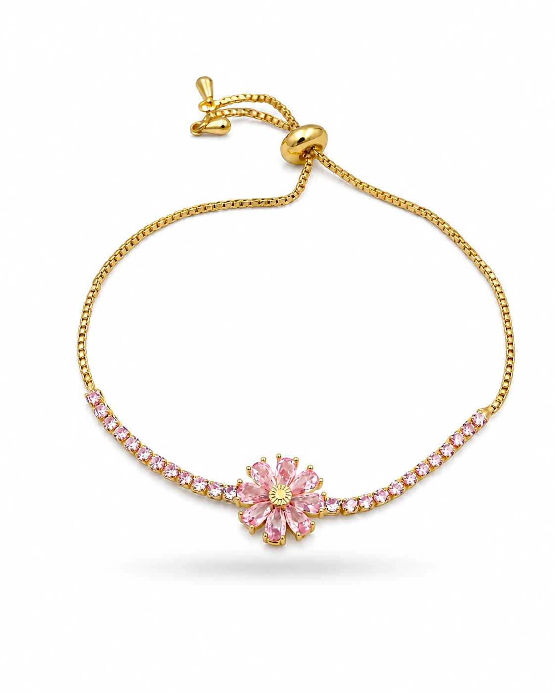Swannah Pink Daisy Crystal Gold Floral Adjustable Tennis Bracelet for Women