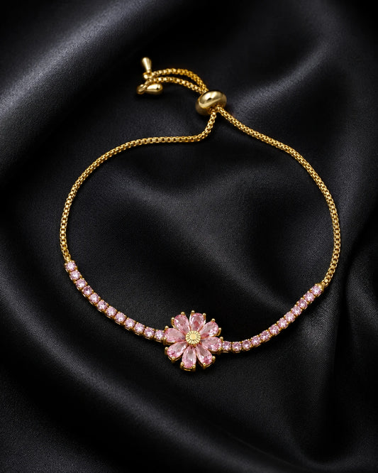 Swannah Pink Daisy Crystal Gold Floral Adjustable Tennis Bracelet for Women