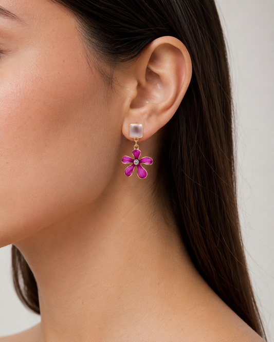 Swannah Pink Floral Crystal Drop Earrings for Women