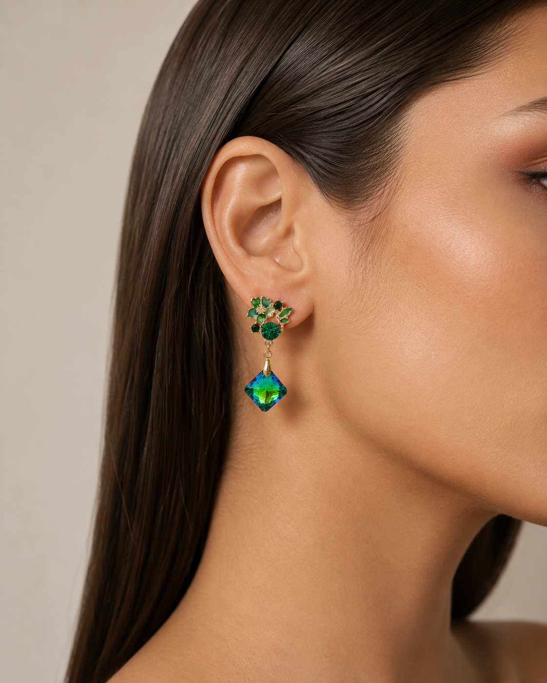 Swannah Green Floral Crystal Drop Earrings for Women