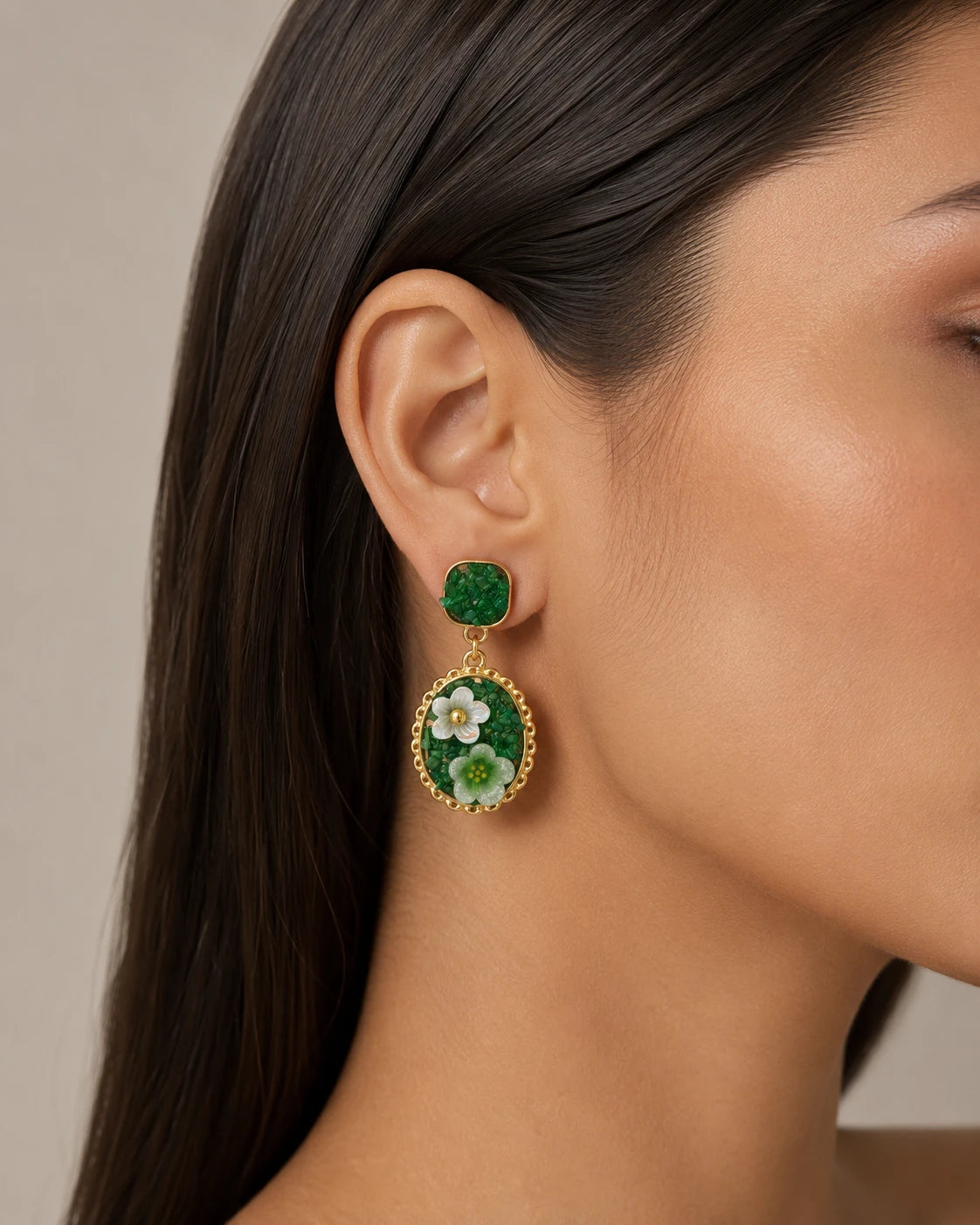 Swannah Green Floral Botanical Drop Earrings for Women