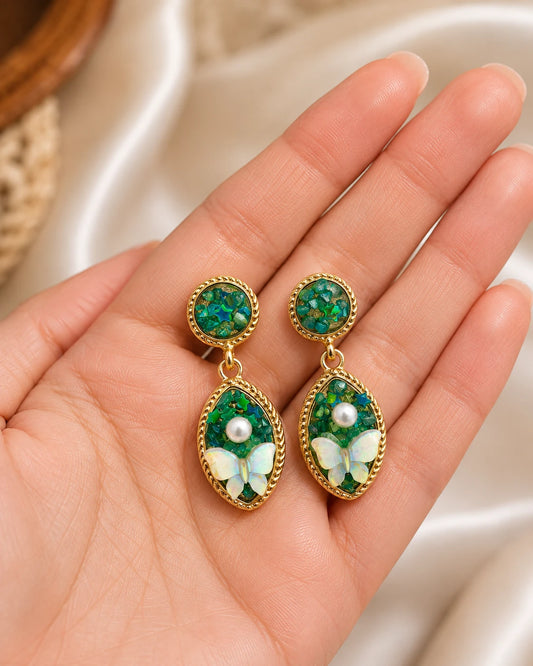 Swannah Green Butterfly Pearl Drop Earrings for Women