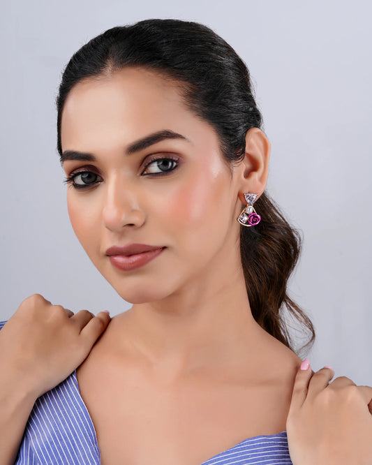 Swannah Floral Crystal Pearl Drop Elegant Pink Rose Statement Earrings for Women