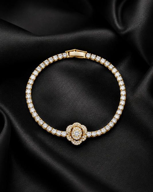 Swannah Golden Blossom Tennis Crystal Flower Gold Bracelet for Women