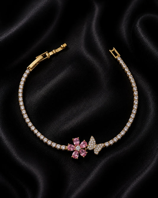 Swannah Pink Blossom Butterfly Tennis Gold Crystal Bracelet for Women