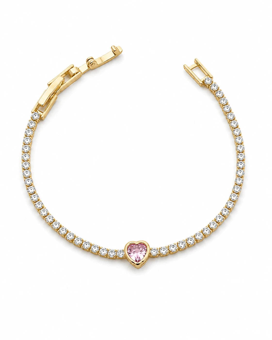 Swannah Pink Heart Crystal Tennis Gold Crystal Bracelet for Women