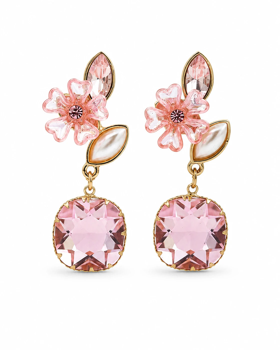 Swannah Pink Blossom Drop Floral Crystal Statement Earrings for Women