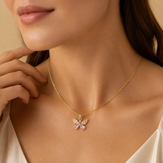 butterfly pink crystal necklace