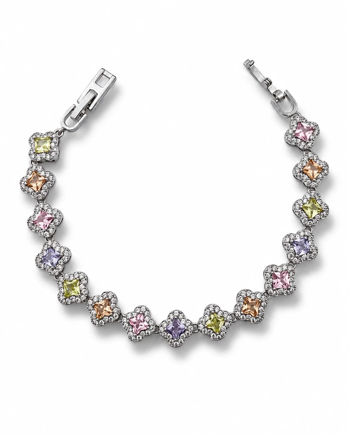 Swannah Pastel Clover Crystal Silver Multicolor Floral Tennis Bracelet for Women