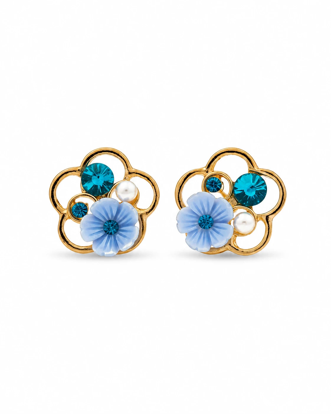 Swannah Blue Blossom Pearl Stud Floral Crystal Statement Earrings for Women