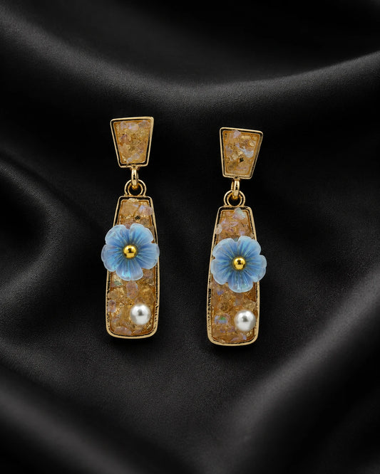 Swannah Blue Blossom Pearl Drop Floral Geometric Statement Earrings for Women