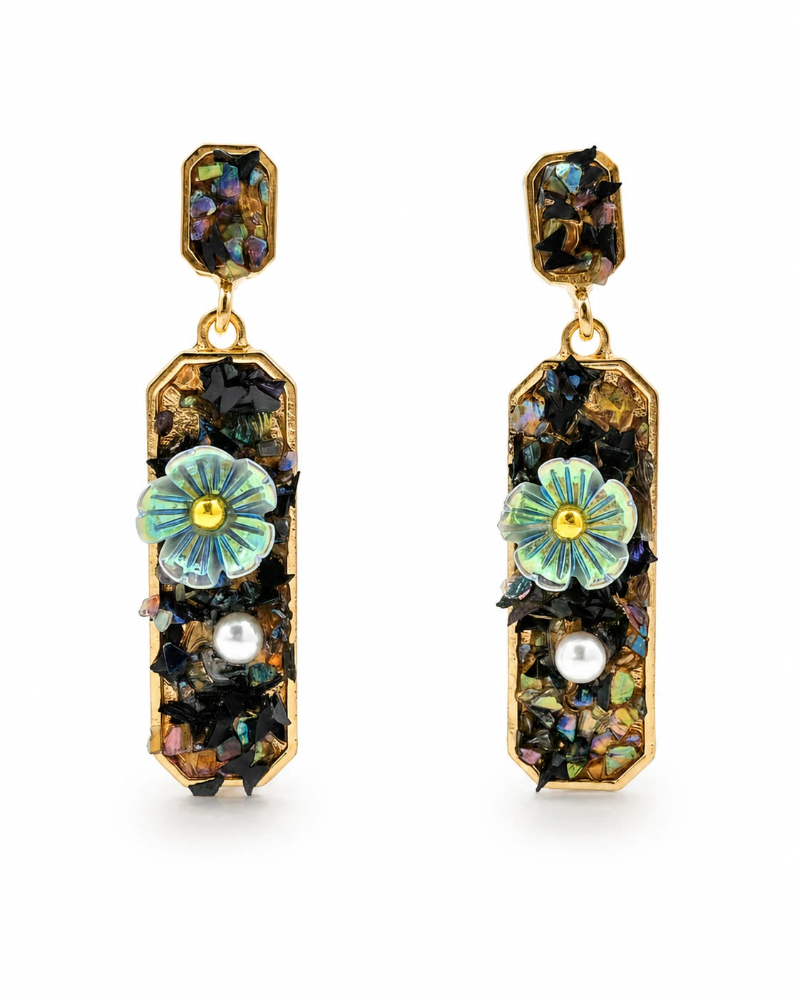 Swannah Midnight Bloom Pearl Drop Floral Geometric Statement Earrings for Women