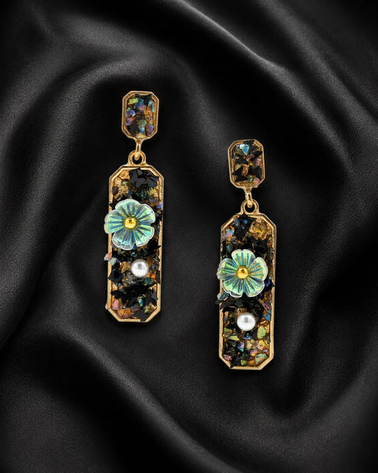 Swannah Midnight Bloom Pearl Drop Floral Geometric Statement Earrings for Women