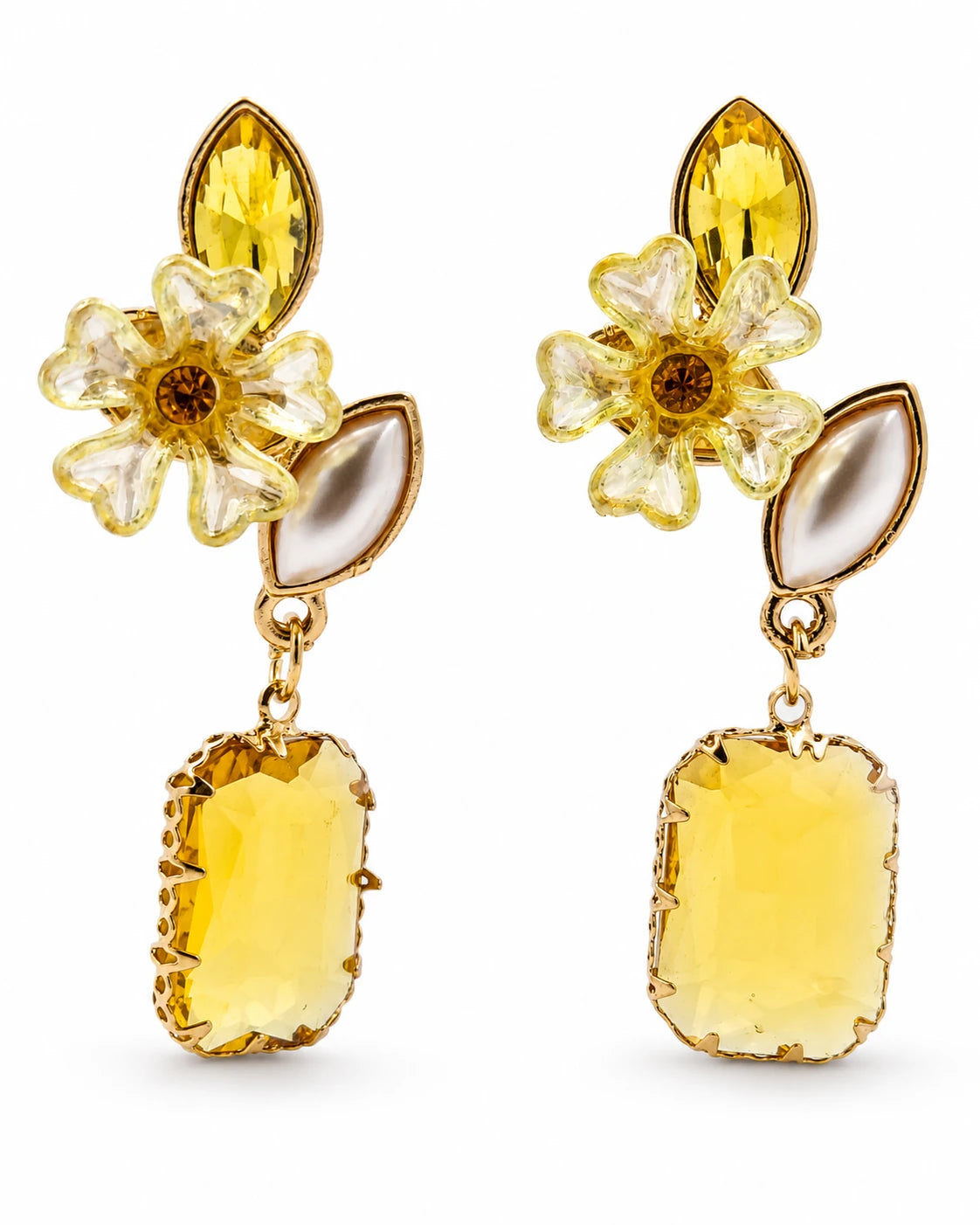 Swannah Golden Bloom Drop Yellow Crystal Floral Statement Earrings for Women