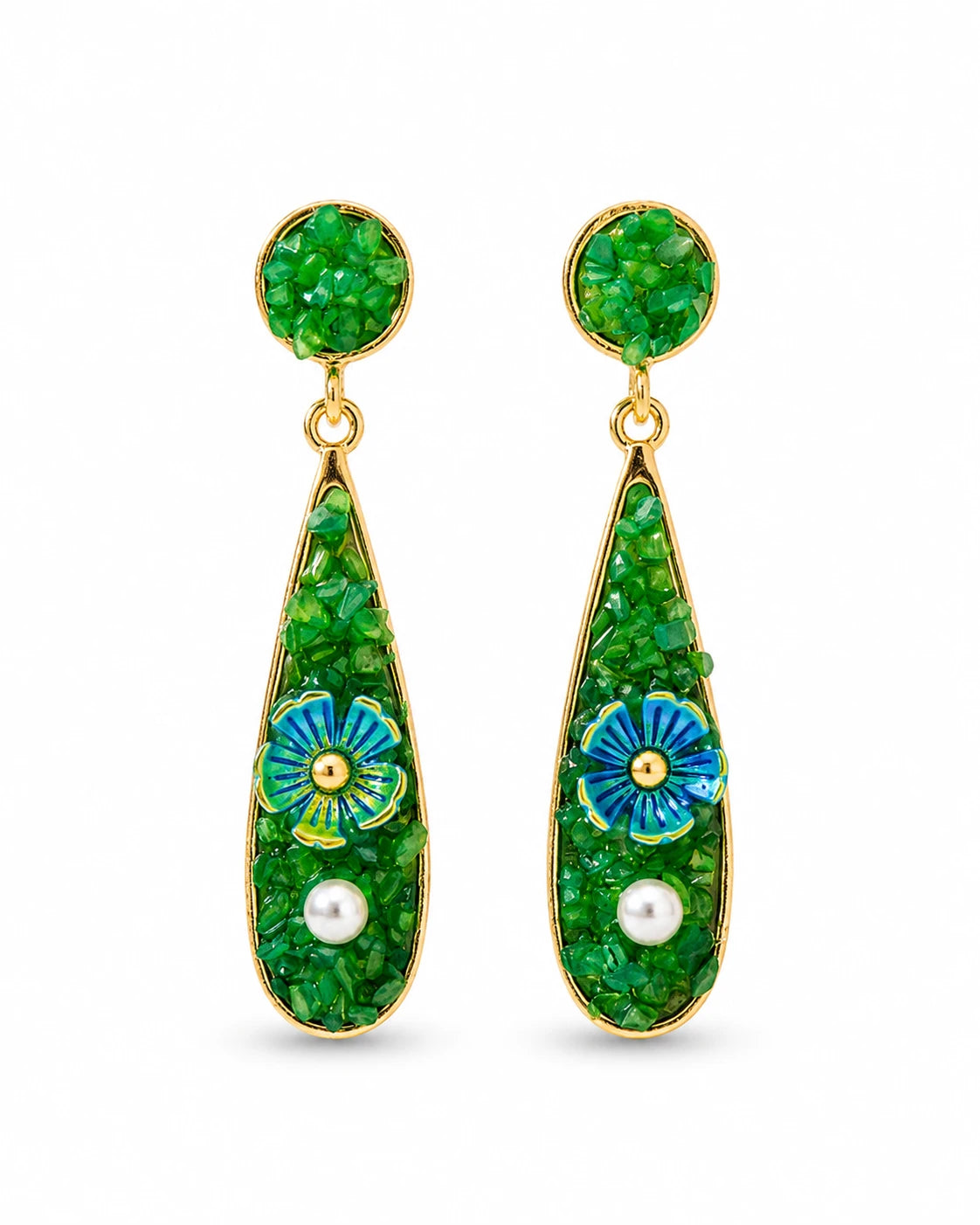Swannah Emerald Bloom Pearl Drop Green Floral Statement Earrings for Women