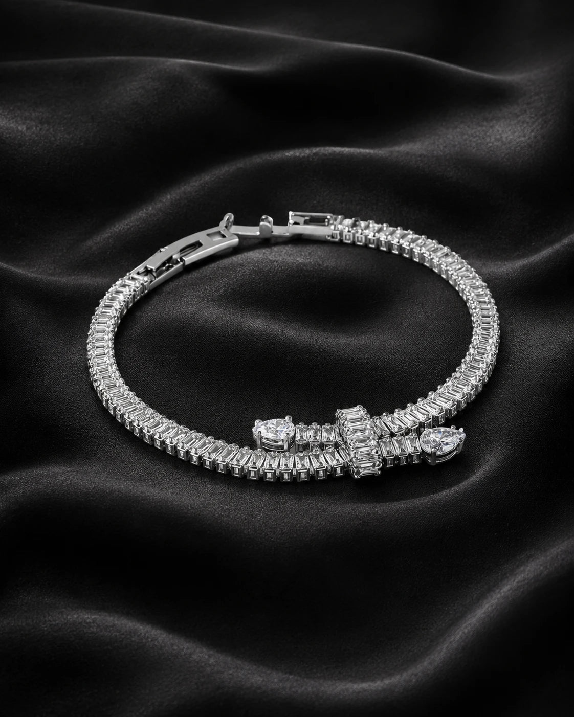 Swannah Crystal Bow Tennis Silver Heart Charm Bracelet for Women