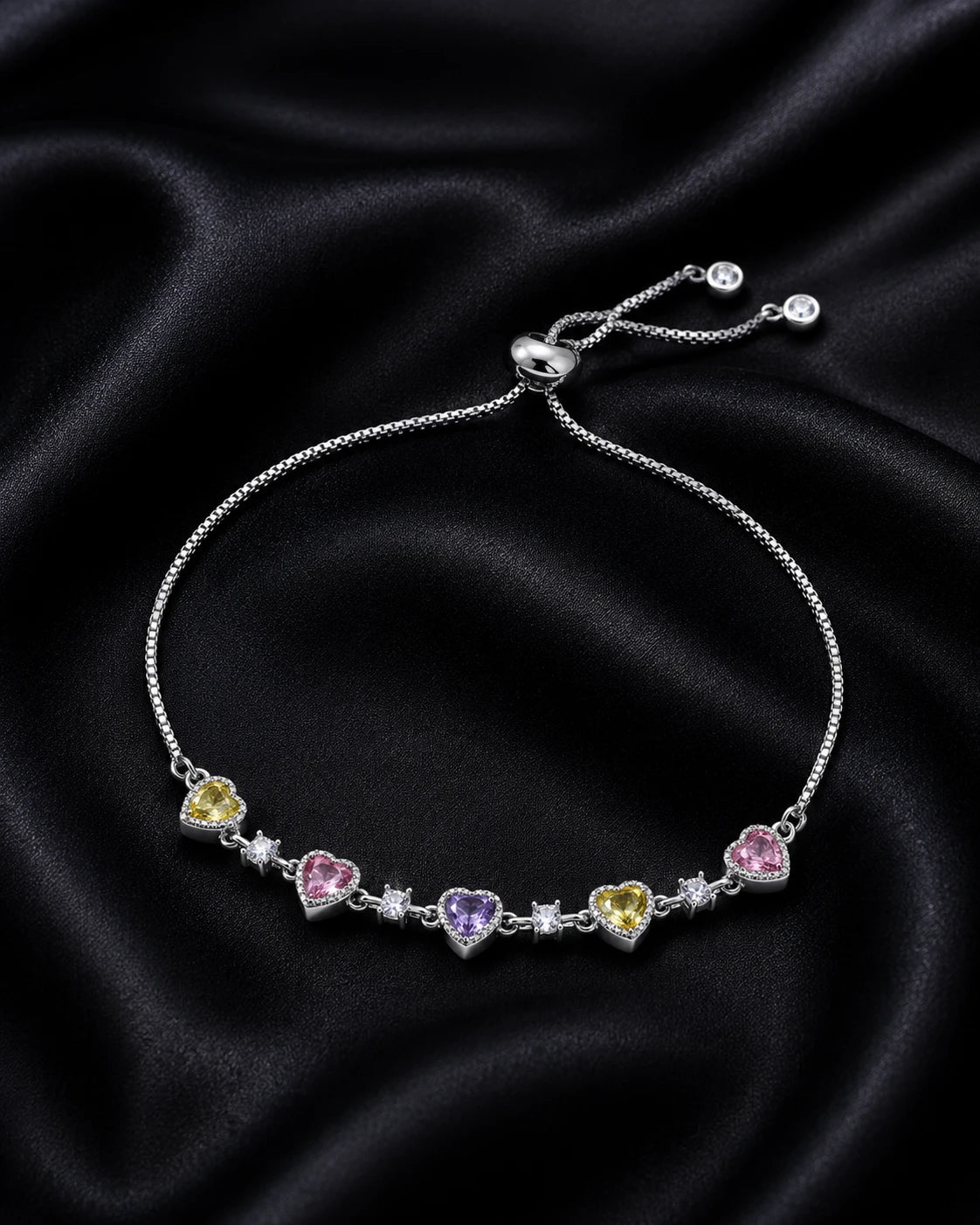 Swannah Pastel Heart Charm Adjustable Silver Crystal Bracelet for Women