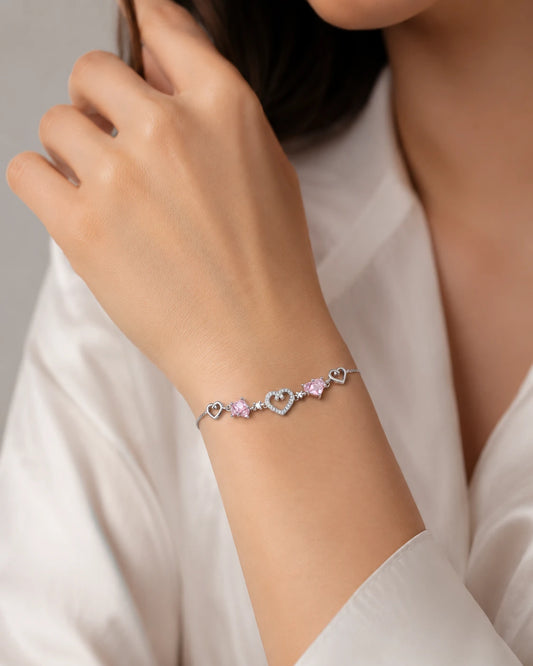 Swannah Pink Heart Charm Silver Crystal Adjustable Heart Bracelet for Women