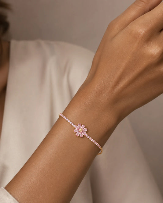 Swannah Pink Daisy Crystal Gold Floral Adjustable Tennis Bracelet for Women
