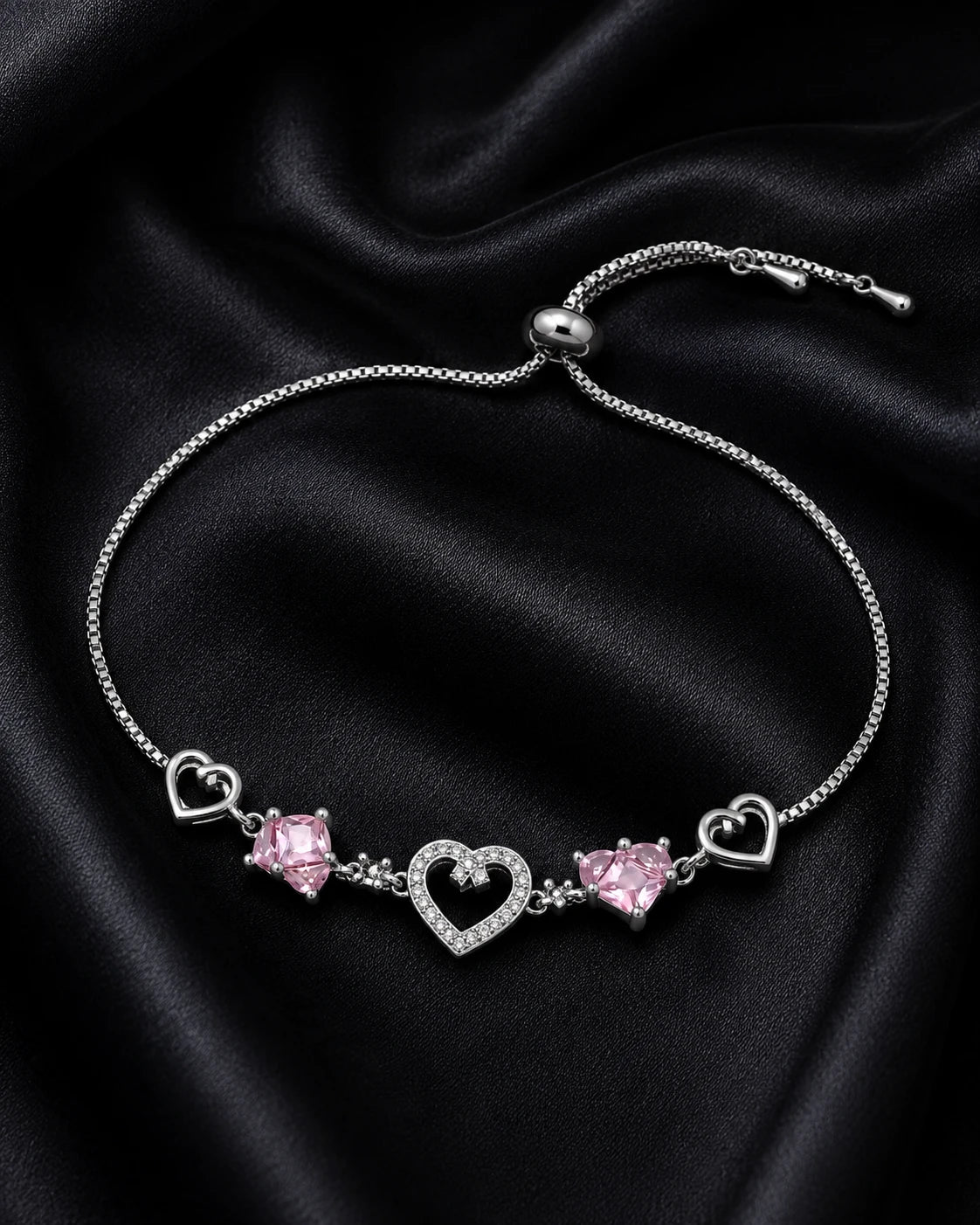 Swannah Pink Heart Charm Silver Crystal Adjustable Heart Bracelet for Women