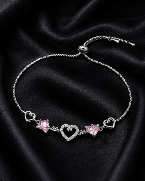 Swannah Pink Heart Charm Silver Crystal Adjustable Heart Bracelet for Women