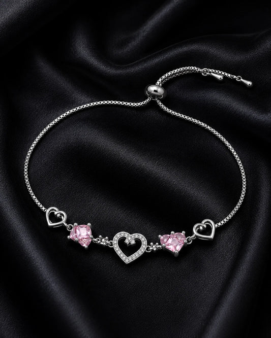 Swannah Pink Heart Charm Silver Crystal Adjustable Heart Bracelet for Women
