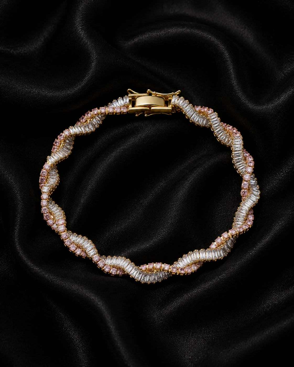 Swannah Pink Crystal Wave Tennis Gold Twisted Crystal Bracelet for Women