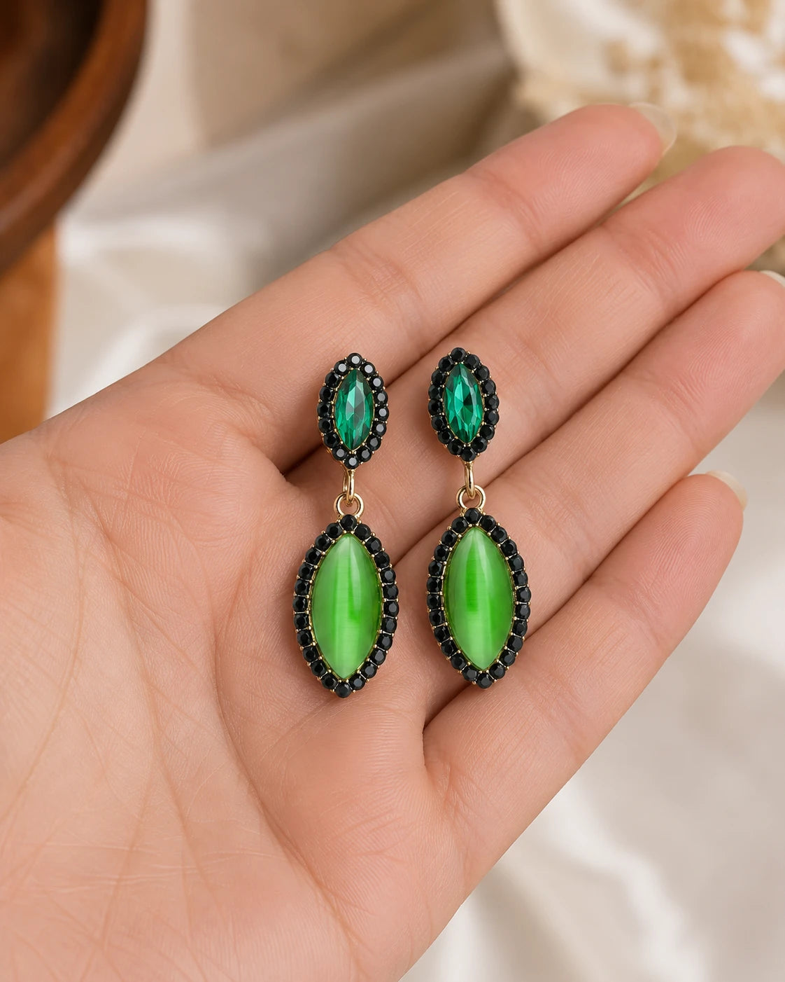 Swannah Green Crystal Double Drop Gold Earrings for Women