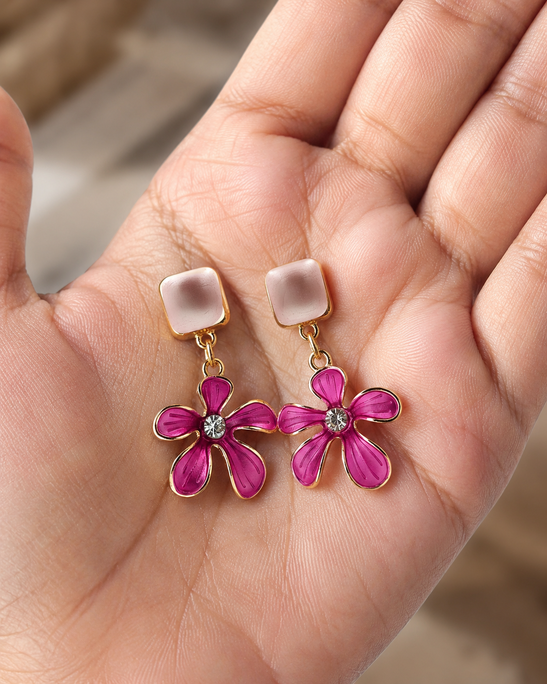 Swannah Pink Floral Crystal Drop Earrings for Women
