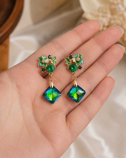 Swannah Green Floral Crystal Drop Earrings for Women