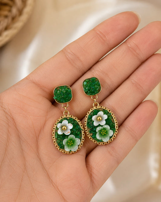 Swannah Green Floral Botanical Drop Earrings for Women
