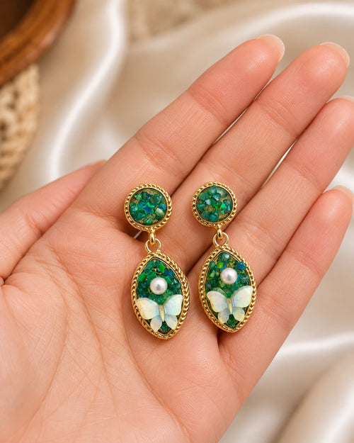 Swannah Green Butterfly Pearl Drop Earrings for Women