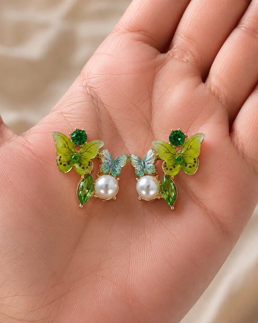 Swannah Green Butterfly Pearl Stud Earrings for Women