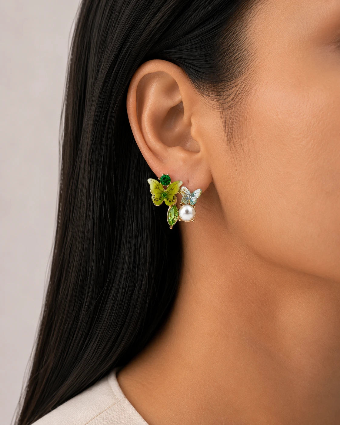 Swannah Green Butterfly Pearl Stud Earrings for Women