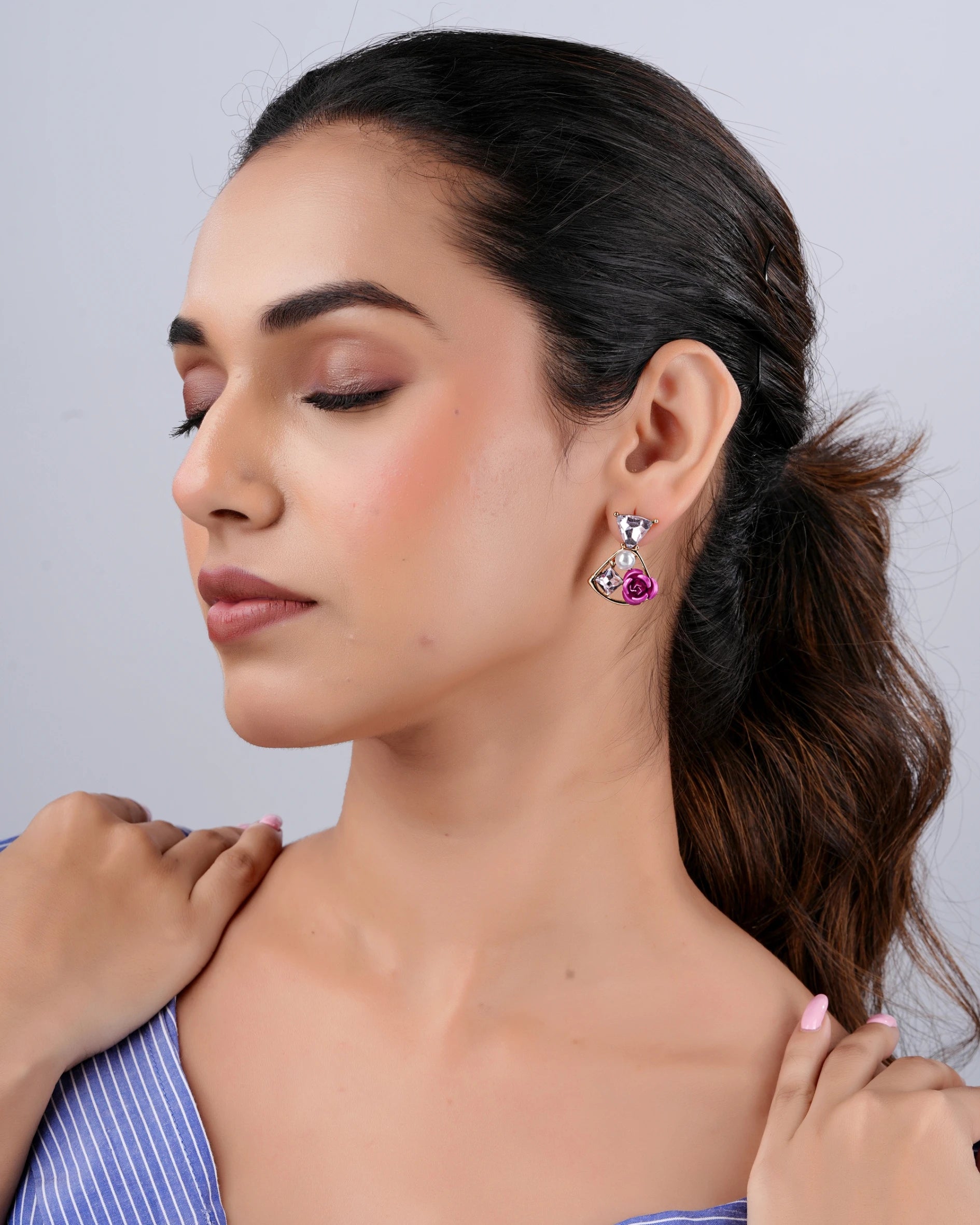 Swannah Floral Crystal Pearl Drop Elegant Pink Rose Statement Earrings for Women