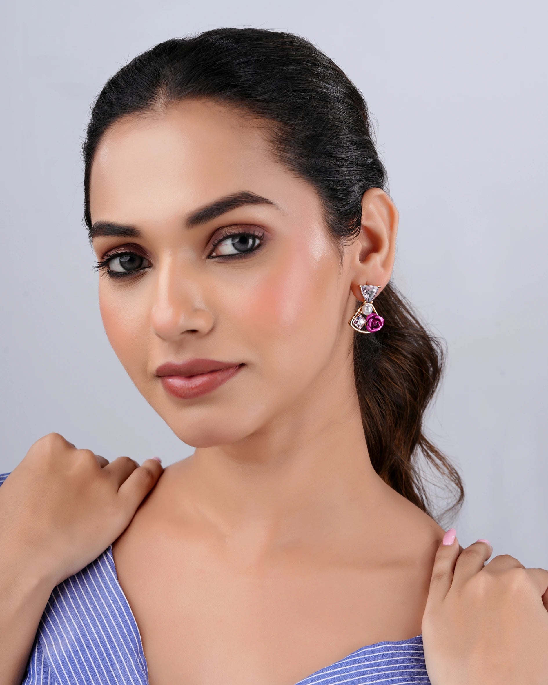 Swannah Floral Crystal Pearl Drop Elegant Pink Rose Statement Earrings for Women