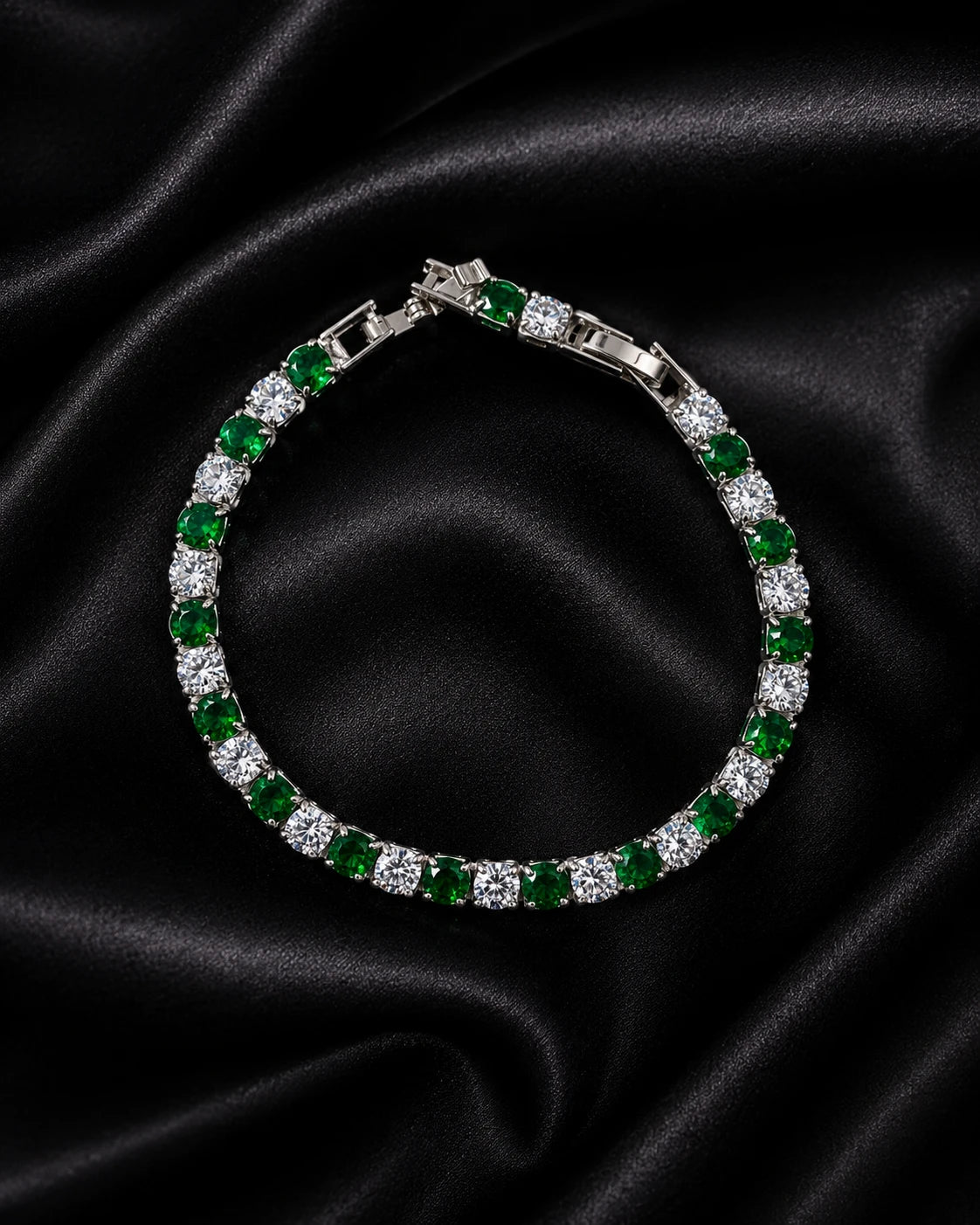 Swannah Emerald Radiance Tennis Green & White Crystal Silver Bracelet