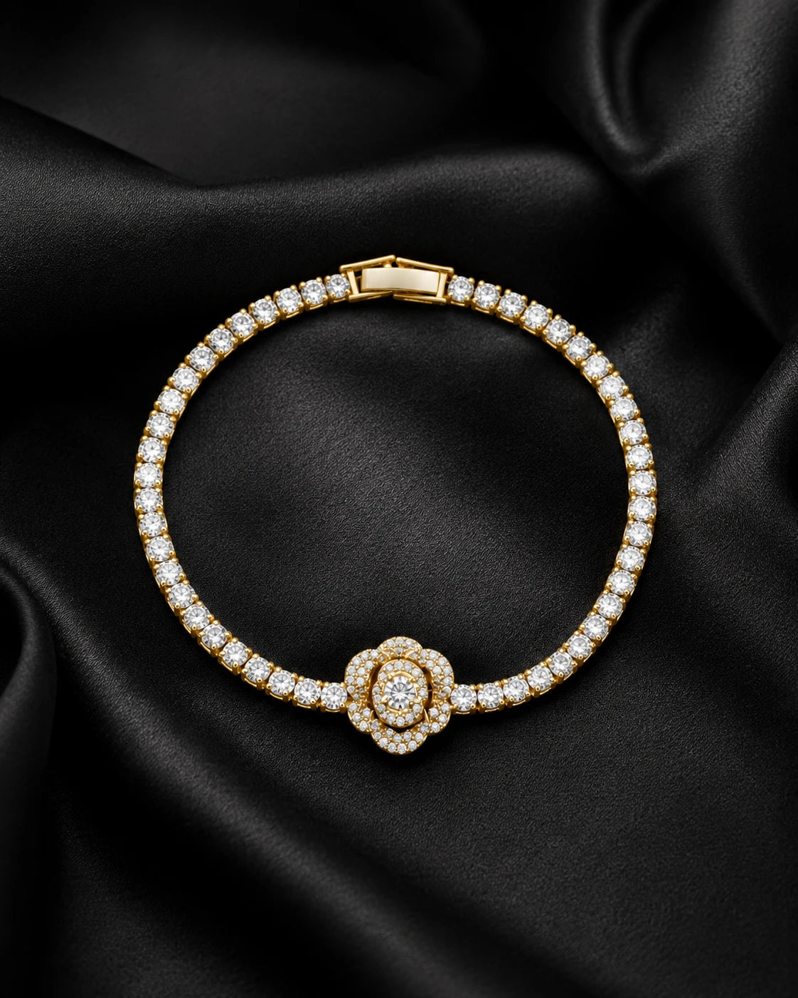 Swannah Golden Blossom Tennis Crystal Flower Gold Bracelet for Women