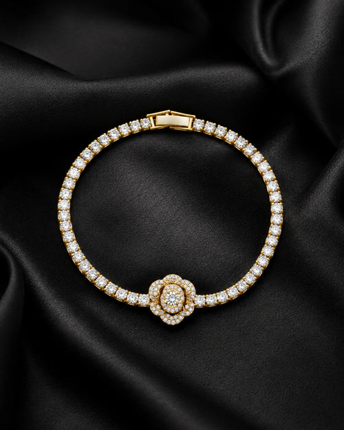 Swannah Golden Blossom Tennis Crystal Flower Gold Bracelet for Women