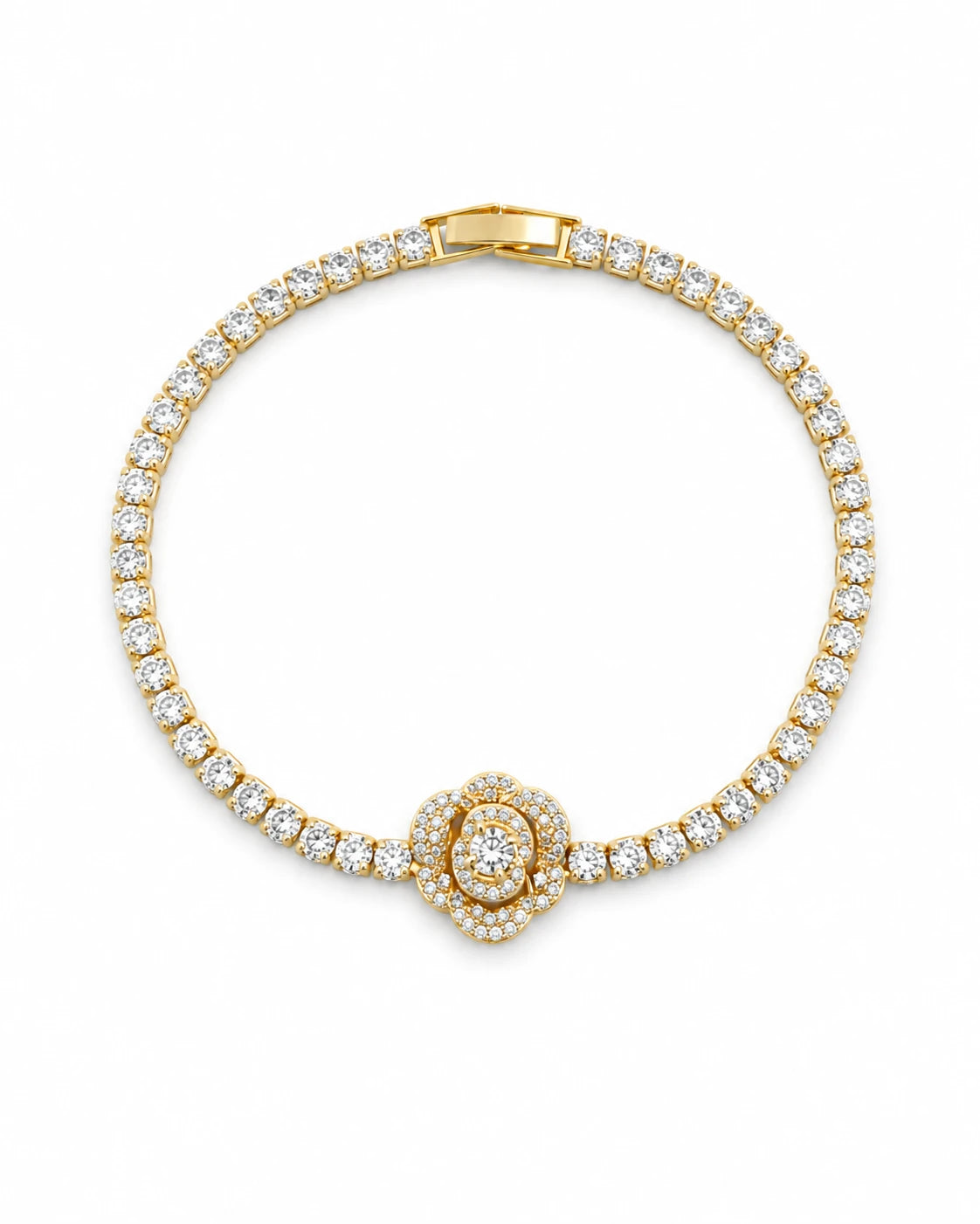 Swannah Golden Blossom Tennis Crystal Flower Gold Bracelet for Women
