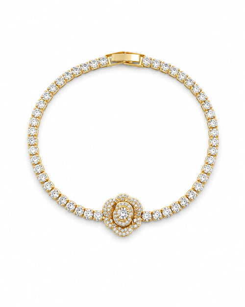 Swannah Golden Blossom Tennis Crystal Flower Gold Bracelet for Women
