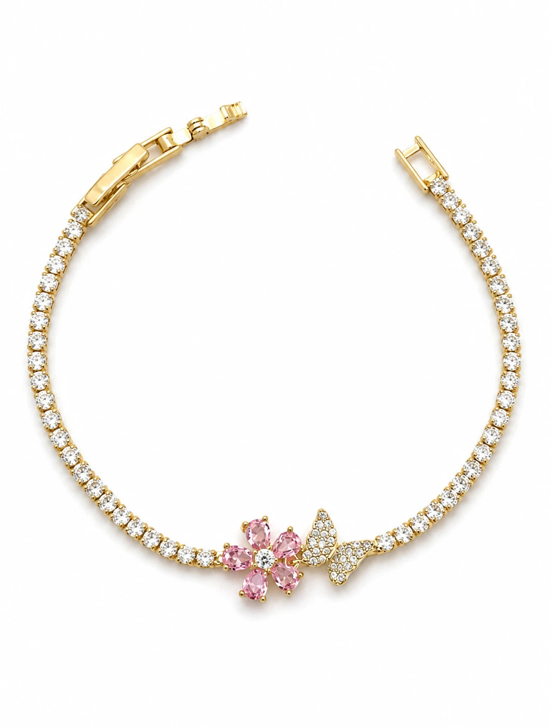 Swannah Pink Blossom Butterfly Tennis Gold Crystal Bracelet for Women