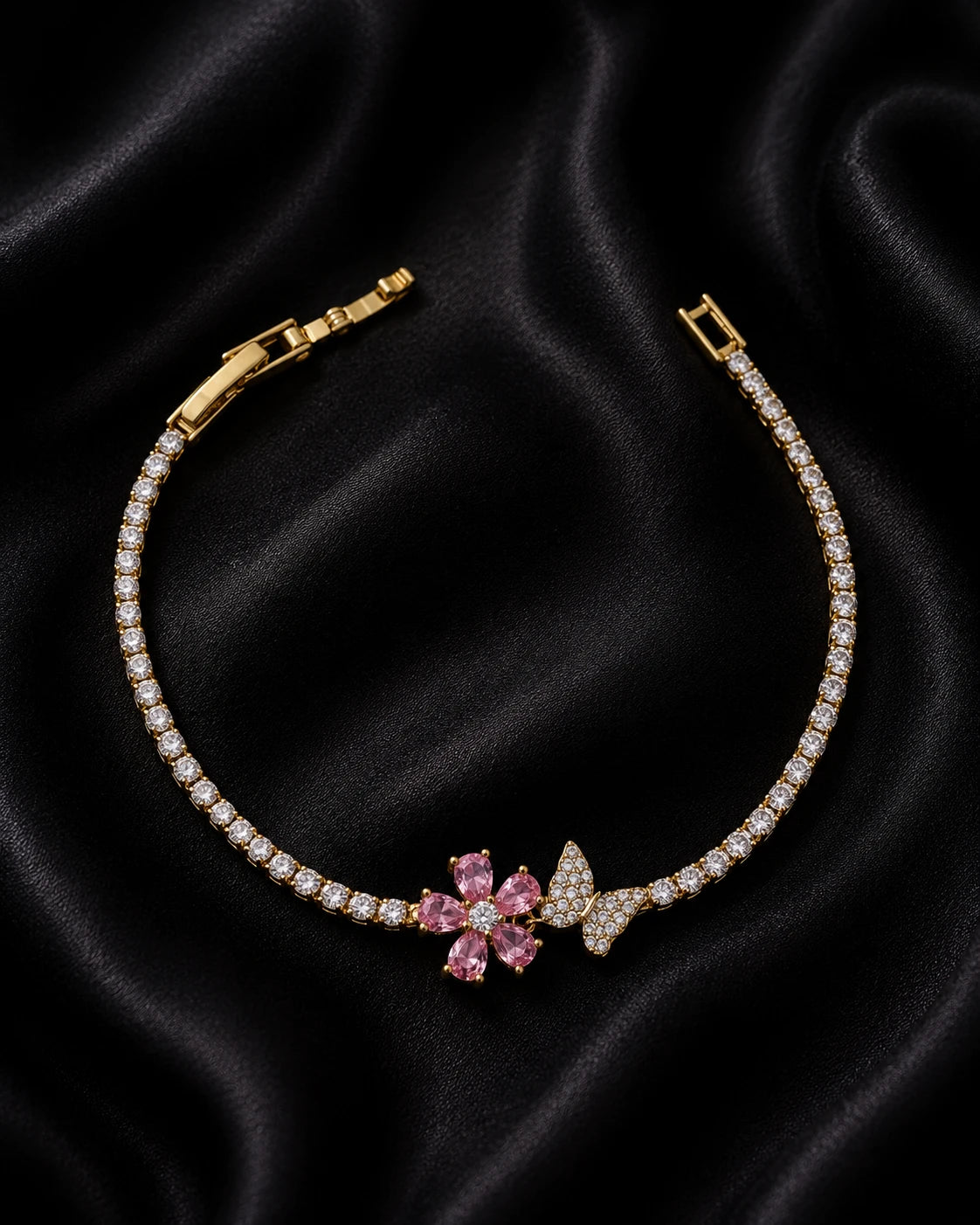Swannah Pink Blossom Butterfly Tennis Gold Crystal Bracelet for Women