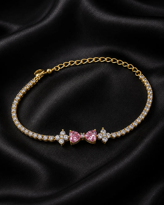 Swannah Pink Butterfly Crystal Tennis Gold Crystal Bracelet for Women
