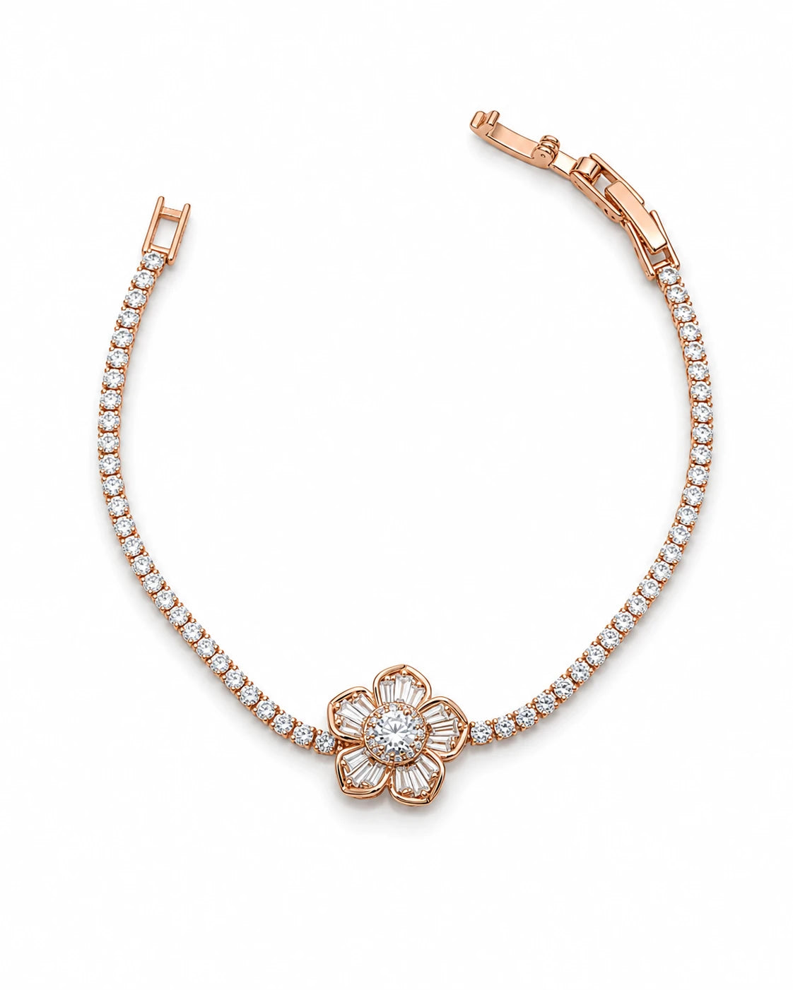 Swannah Crystal Bloom Tennis Rose Gold Floral Crystal Bracelet for Women
