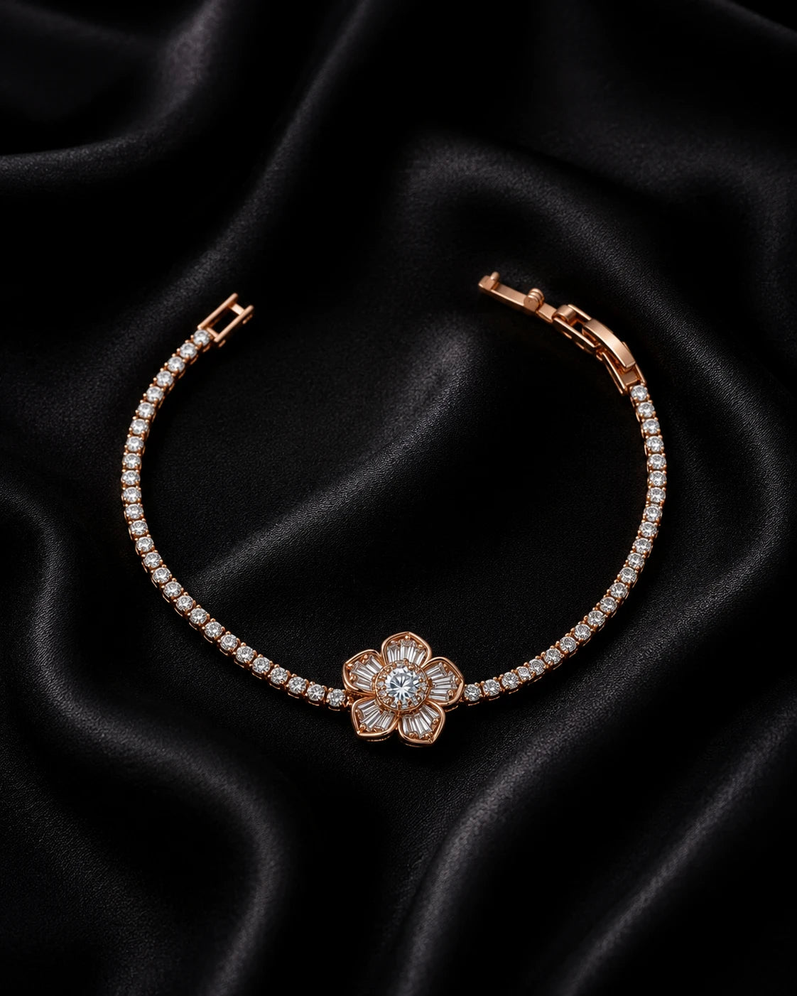 Swannah Crystal Bloom Tennis Rose Gold Floral Crystal Bracelet for Women